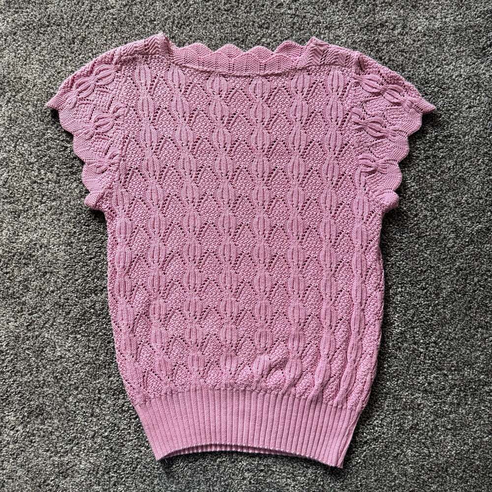 Weekend Cutie Pink Pointelle Knit Sweater Scalloped Short Sleeve Cottagecore Coq